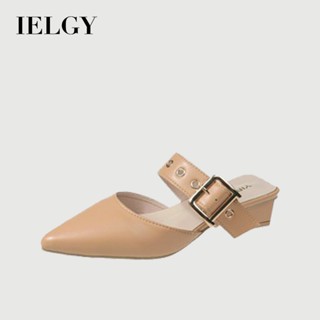 IELGY 皮帶扣半拖鞋女新款韓版尖頭粗跟包趾涼鞋
