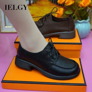 IELGY 女士黑色繫帶皮鞋新款百搭低跟柔軟舒適平底防滑