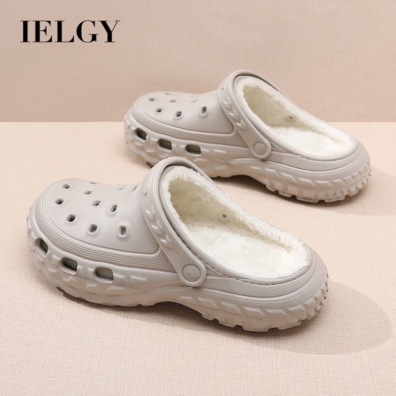 IELGY 純棉木屐拖鞋2025秋冬新款厚底防滑絲絨保暖休閒情侶