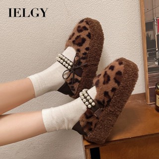 IELGY 豹紋毛絨皮鞋女厚底珍珠蝴蝶結戶外百搭單鞋