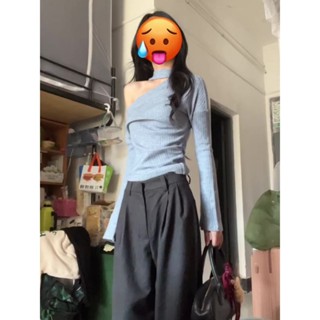 TK熱門✈（免運）敲顯白!!!【飄帶小衫】少女感掐腰斜肩長袖T恤女INS顯瘦獨特上衣
