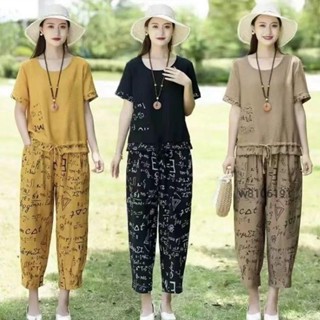 免運出貨💛輕熟大尺碼夏季女裝 含棉上衣 寬鬆短袖t時尚休閑套裝女2025夏季大碼中年媽媽裝九分褲短袖寬松棉麻兩件套