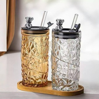 【靜心閣】玻璃水瓶 可愛玻璃水杯 小熊吸管杯 冷水/果汁/茶/牛奶杯 耐高溫吸管玻璃杯 奶茶杯 女生水杯