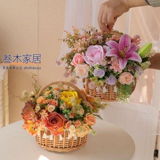 新款 仿真花公主籃套裝假花絹花裝飾花籃擺設手提玫瑰百合花籃裝飾擺件 三木家居