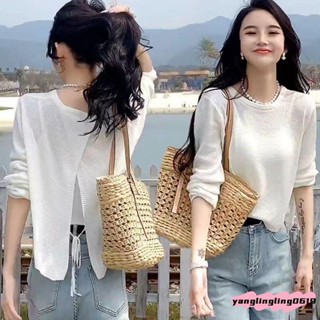 🧊【夏季必備】韓版後背開叉長袖T恤女 夏季2025新款 顯瘦百搭小眾防曬針織衫上衣ｉ