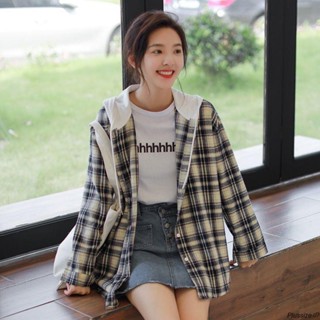 韓版薄外套 開衫外套 女生外套美式復古vintage格子連帽襯衣高階感ins慵懶風休閑外套女長袖上衣防曬衣外套女