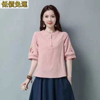 💜免運出貨💜上衣民國中式唐裝女夏季復古棉麻茶服禪意漢服改良中國風女裝旗袍上衣
