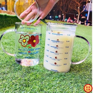 💕壹灣出貨+發票💕送禮首選多喝水 1000ml大容量小紅花打卡喝水趣味刻度帶蓋玻璃杯吸管杯咖啡杯kun