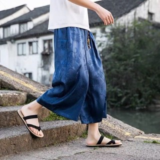 1號倉庫 精品男長褲 夏季冰絲短褲 特大碼150公斤中國風休閑男女夏薄款情侶復古龍紋暗花七分褲 大尺碼寬鬆涼感短褲男