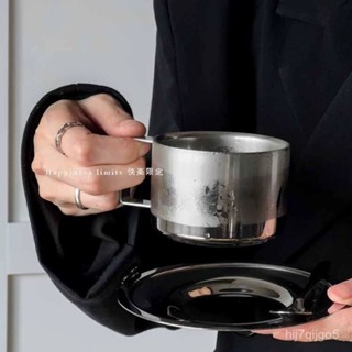 不銹鋼咖啡杯 杯碟套裝 創意個性水杯 高顔值咖啡杯 情侶水杯 冰美式咖啡杯 防燙玻璃杯 牛奶杯 拿鐵咖啡杯 早餐杯 水杯