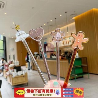 🔸餐飲🔸星巴風玻璃攪拌棒ins高顔值長柄聖誕樹果汁咖啡調酒勺蓋帽手指棒GS