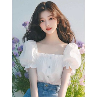 今年流行漂亮小衫法式氣質白色寬鬆絶美小上衣泡泡袖方領短袖襯衫 短袖衣服 夏季襯衫 短袖襯衫 方領襯衫 泡泡袖上衣