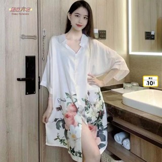 【臺灣出貨】冰絲睡衣 2024新款網紅連衣裙 夏季薄款冰絲家居服 可愛甜美襯衫睡裙 大碼開衫睡衣寬松可外穿