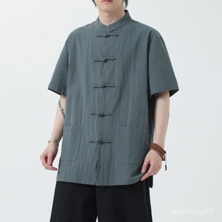 中國風短袖上衣男 唐服 中老年茶服寬松襯衫 唐裝上衣男 薄款亞麻短袖襯衫吸溼排汗,透氣,純棉粗布唐裝男 夏季民族風衣服