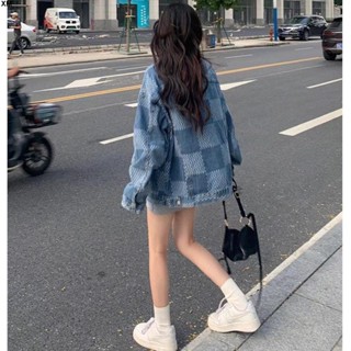2025新品 牛仔外套女💕【4048人收藏】網紅炸街格子牛仔外套女春秋新款韓版設計感寬松炫酷顯瘦夾克上衣