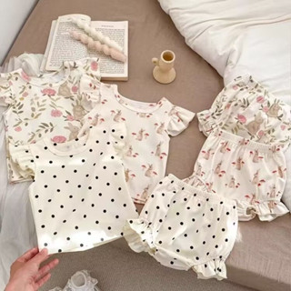 Mini baby🌷 兒童夏季套裝印花飛袖上衣T恤花邊短褲ins韓版女寶寶冰絲兩件套