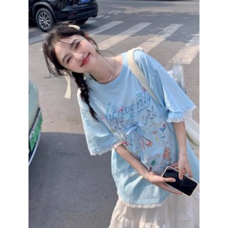 大碼甜美蝴蝶結拚接蕾絲T恤女裝夏季設計感印花短袖體恤胖MM上衣 夏季女裝