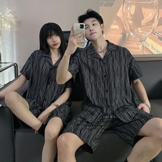 簡單美 情侶睡衣 女夏天新款ins斑馬條紋開衫短袖男士外穿夏季家居服套裝 睡衣套裝