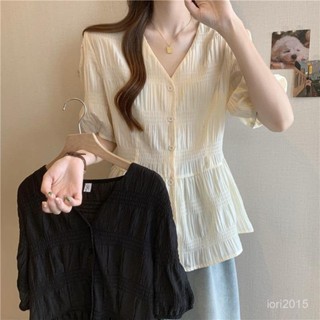 VOVA本鋪 大碼女裝 新款夏季法式減齡顯瘦V領泡泡袖短袖襯衫胖妹妹遮肉收腰上衣