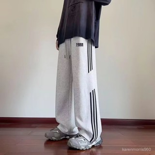 ✨Fancern✨ 大尺碼 長褲 休閒褲 三條槓褲子男春秋季新款潮流ins休閒運動褲大碼寬鬆直筒衛褲5XL XSMV