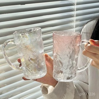 玻璃杯🍸高階冰川家用把手玻璃杯 高顔值ins磨砂喝水水杯 杯子啤酒杯果汁 家用商用冷飲杯 奶茶咖啡杯