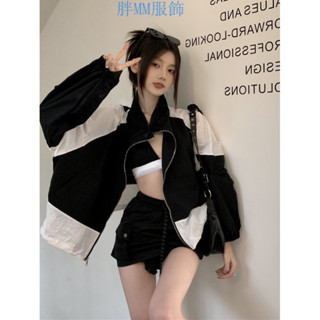 【胖妹妹衣櫃】 立領撞色拚接長袖防曬衫外套女夏季2023新款薄款寬鬆設計感防曬衣