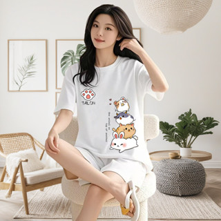 貨物臺階 胖MM家居服套裝短袖短褲牛奶絲韓版顯瘦夏季睡衣潮 女生套裝 時尚套裝 貨物套裝 韓版套裝JA021 24
