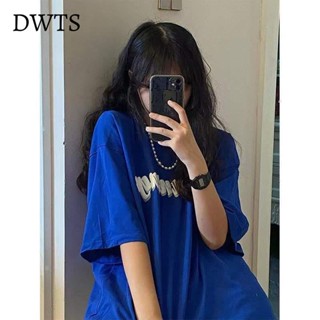臺灣出貨[DWTS]短袖 純棉 t恤 克萊因藍 短袖t恤女 慵懶風 字母印花上衣 韓版上衣 寬松休閑T恤潮
