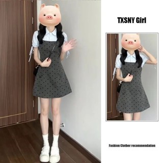灰色波點吊帶連衣裙小個子高階感背心裙夏季學生miu係穿搭假兩件裙子套裝 韓版女裝 院風套裝 針織套裝 洋裝