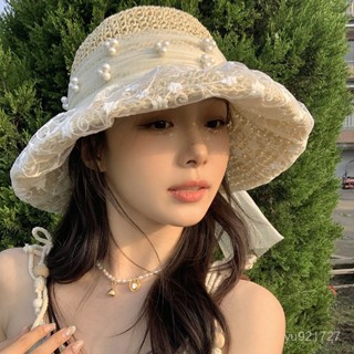 【熱銷】夏季蕾絲花朵遮陽草帽女蝴蝶結珍珠裝飾帽簷海邊度假風防曬太陽帽