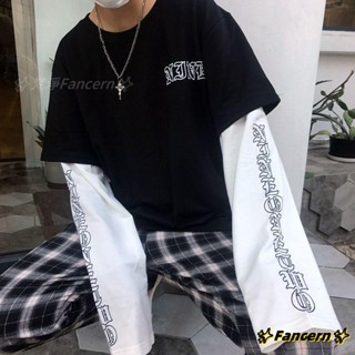 ✨Fancern✨ 臺灣出貨 春季男裝假兩件ins長袖t恤男學生韓版潮流寬鬆情侶秋衣服男士上衣