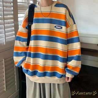 ✨Fancern✨ 臺灣出貨 衛衣男寬鬆休閒美式潮流字母印花春秋季男士長袖條紋潮牌圓領上衣