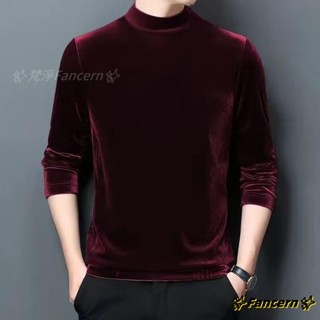 ✨Fancern✨ 臺灣出貨 金絲絨長袖t恤男士高階2025春秋新款潮流男裝青年休閒圓領打底衫 上衣男 保暖 打底衫（C
