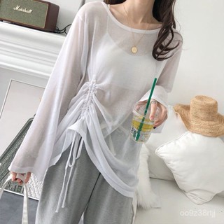 🔥臺灣出貨🔥【1102次迴購】慵懶冰絲針織衫女夏薄長袖防曬衣鏤空罩衫寬鬆套頭抽繩上衣空調衫
