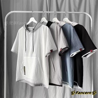 ✨Fancern✨ 臺灣出貨 冰絲大學T 連帽短袖T恤男 M-3XL 夏季薄款潮牌寬鬆五分袖上衣 體恤半袖t恤衣服 男生