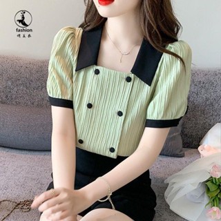 夏上新 法式復古甜美短袖襯衫 女設計感小眾夏季新款方領泡泡袖雪紡衫 上衣