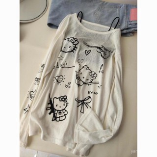 新品 上衣女 敲可愛~kitty印花長袖T恤女2025春夏新款寬鬆防曬休閒罩衫上衣ins 上衣夏天 設計感 百搭 RFE