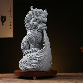 青砂石 擺件瑞獸 咬錢麒麟 石獅子 咬錢進門 風水擺件 流水擺飾 招財進寶 玄關 茶寵擺件裝飾 闢邪鎮宅魚缸造景國潮青