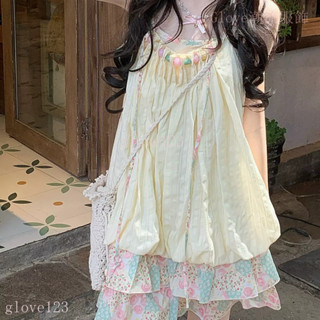 🌷臺灣出貨🌷Glove 楞之島民族風 粉綠碎花 拚接褶皺 吊帶寬鬆 花苞連衣裙女 2025夏新款 長裙 洋裝 連身裙
