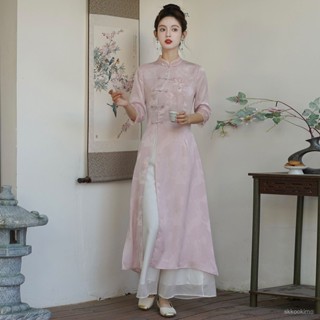 春令夏晚 旂袍 女裝 復古 中國風 刺繡 民國風 漢服 複古繡花設計中式茶服年輕顯瘦國風繡花兩件套長款提花上衣闊腿褲套裝