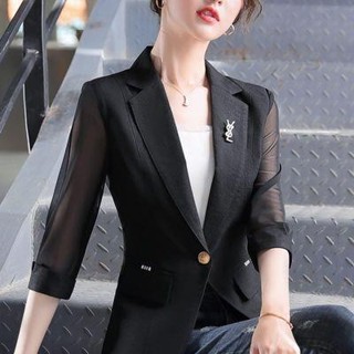免運💖薄款小西裝外套女2025年春夏季韓版網紗薄短版休閒西裝女上衣