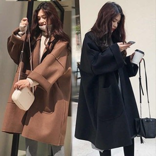 Luzi🎀韓版冬天外套加厚外套刷毛外套秋冬裝毛呢風衣女百搭寬鬆大尺碼中長款螢型呢子大衣外套潮外套