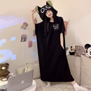 臺灣出貨🚚夏季連帽短袖睡裙女大碼寬鬆月子服中長款搞怪三眼怪家居服女 ins 家居服套裝 女生睡衣 睡衣套裝