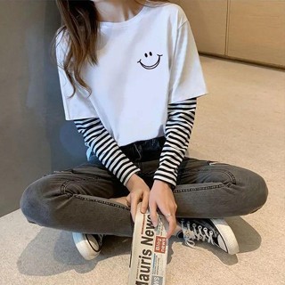 Luzi🎀純棉長袖女學生韓版寬鬆T恤女秋條紋拚接圓領上衣女裝新款ins長袖上衣女素T內搭上衣女