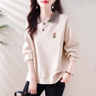 Luzi🍀刺繡polo領衛衣女新款爆款秋季女裝寬鬆慵懶風春秋款長袖上衣