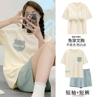 自帶胸墊睡衣女夏季帶胸墊甜美短袖短褲套裝家居服薄款卡通大碼寬鬆可外穿女士帶胸墊睡衣內建胸墊睡衣女士居家休閒短袖睡衣