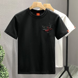 男生短袖 t恤 刺繡上衣🔥 中國風夏季短袖時尚刺繡麒麟男士t恤半袖上衣服男裝圓領透氣 棉T恤衫上衣