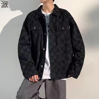 春秋季棋盤格子加牛仔夾克男款 寬鬆大尺碼男裝 美式休閒外套 新款氣質上衣【E.S男裝】C2