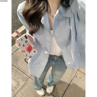 2025新品-襯衫✨臺出【店鋪熱銷】高階感藍色POLO領長袖襯衫外套女秋季寬松休閑開衫襯衣中長款上衣