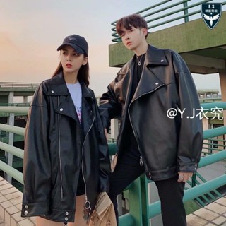 黑色皮衣男 港風秋冬韓版 寬鬆情侶皮衣 機車衣服 皮夾克外套 潮流帥氣 春秋外套情侶裝 男士上衣外套【E.S男裝】C4